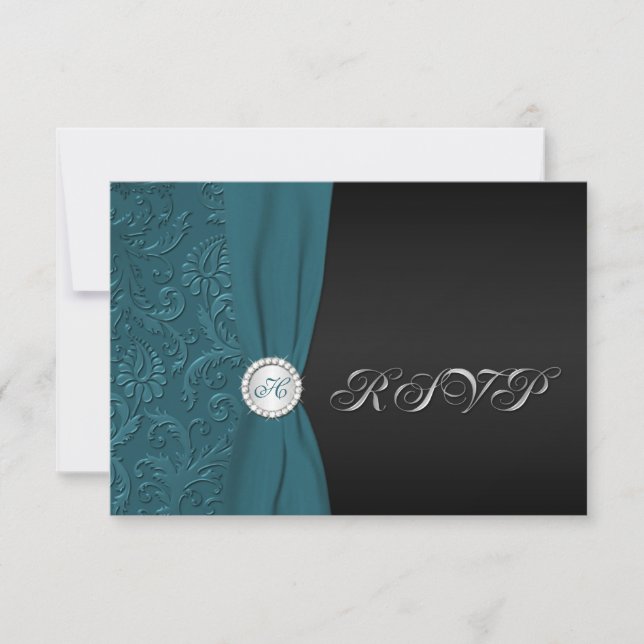 Teal and Black Damask Monogrammed RSVP Card (Front)