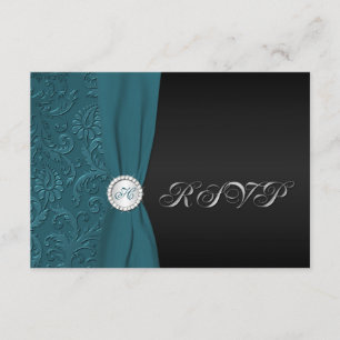 Teal and Black Damask Monogrammed RSVP Card