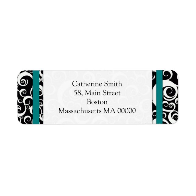 Teal and Black Damask Swirls Address Labels (Front)