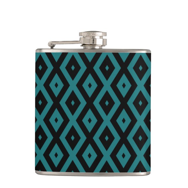 Teal and black diamond pattern hip flask (Front)