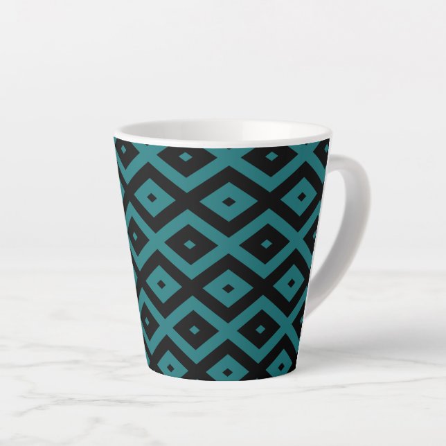 Teal and black diamond pattern latte mug (Right Angle)