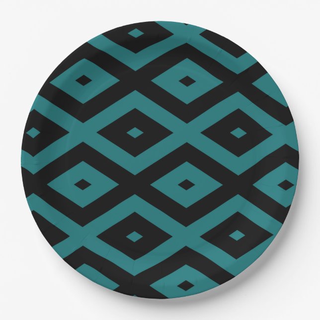 Teal and black diamond pattern paper plate (Front)