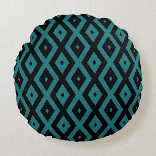 Teal and black diamond pattern round pillow (Front)