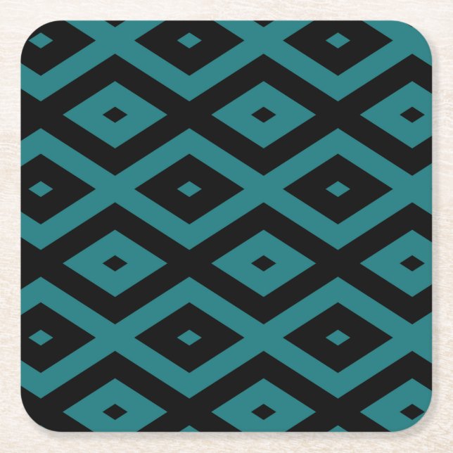 Teal and black diamond pattern square paper coaster (Front)