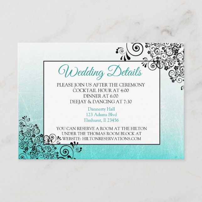 Teal and Black Elegant Wedding Details Card (Front)