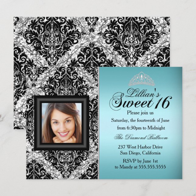 Teal and Black Glitter Damask Photo Sweet 16 Invitation (Front/Back)