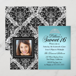 Teal and Black Glitter Damask Photo Sweet 16 Invitation
