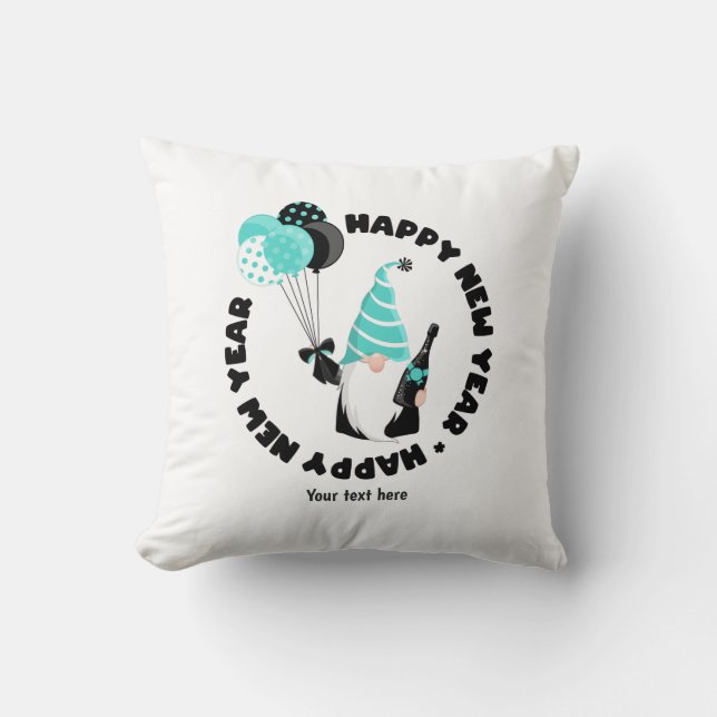 Teal and Black Gnome Celebrating New Year Throw Pillow (Front)