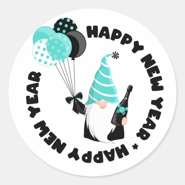 Teal and Black Gnome Happy New Year Classic Round Sticker (Front)