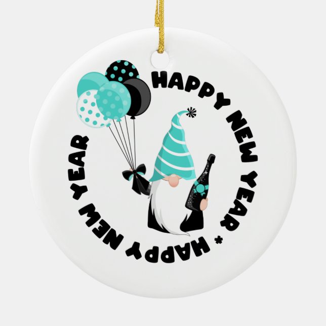 Teal and Black Gnome New Year Family Photo Ceramic Ornament (Back)