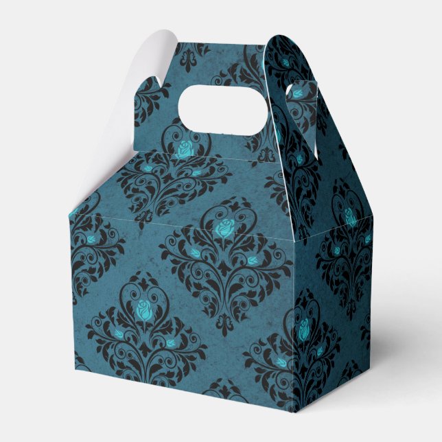 Teal and Black Gothic Roses Damask Favor Box (Front Side)