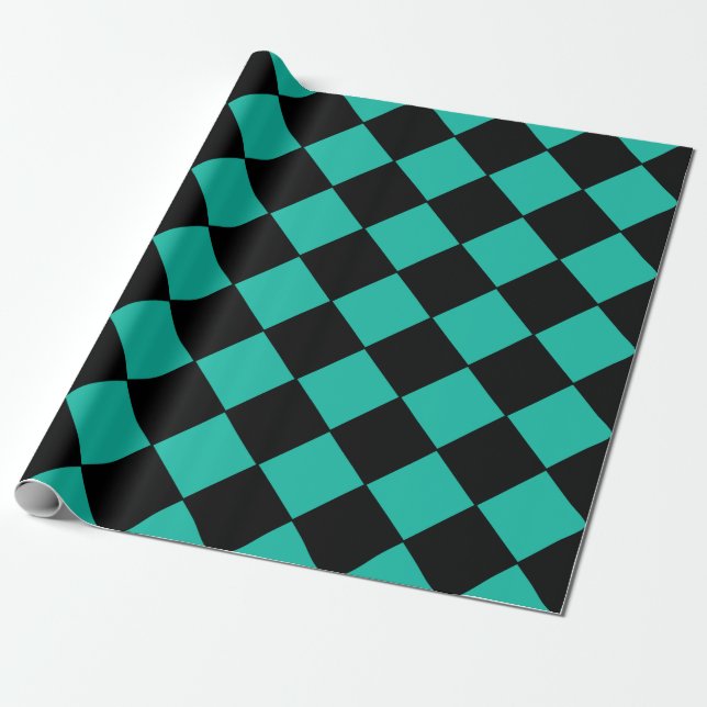 Teal and Black Harlequin Diamond Checked Pattern Wrapping Paper (Unrolled)