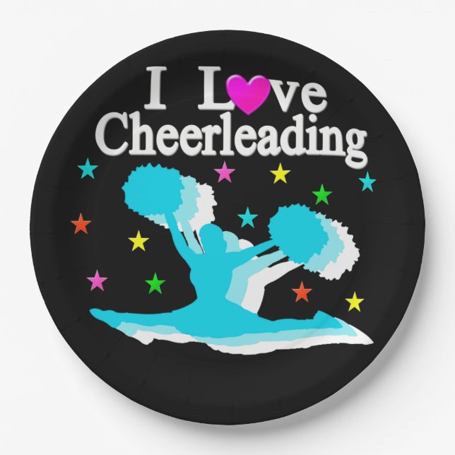 TEAL AND BLACK I LOVE CHEERLEADING PAPER PLATES (Front)