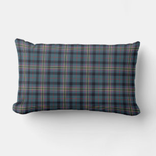 Teal and Black Kennedy Clan Ancient Scottish Plaid Lumbar Pillow
