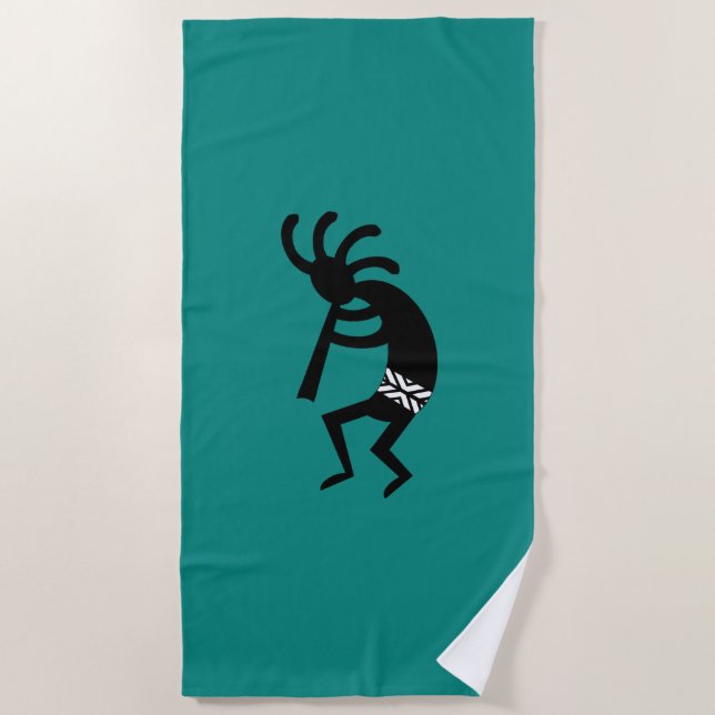 Teal And Black Kokopelli Design Beach Towel (Front)