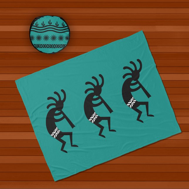 Teal And Black Kokopelli Southwest Design Fleece Blanket (Creator Uploaded)