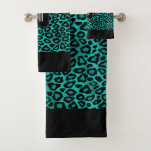 Teal and Black Leopard Pattern with Monogram Bath Towel Set