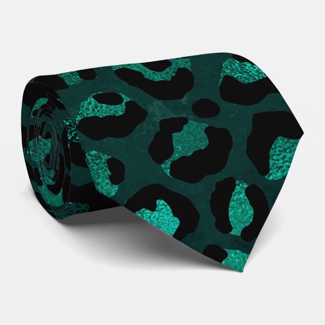 Teal and Black Leopard Print Tie (Rolled)
