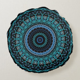 Teal and Black Mandala Round Pillow