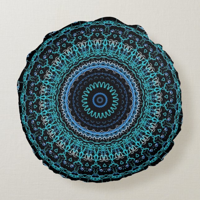 Teal and Black Mandala Round Pillow (Back)