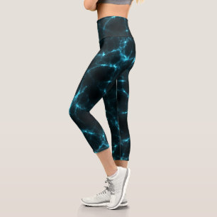 Teal and Black Marble Swirl Abstract Capri Leggings