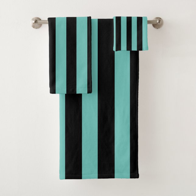 Teal and Black Mermaid Vertical Striped Stripes Bath Towel Set (Insitu)