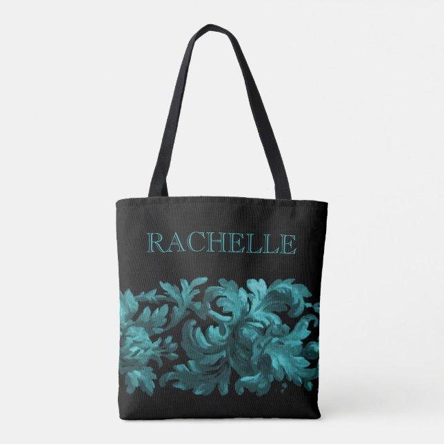 Teal and Black Painted Baroque Border with Name Tote Bag (Back)