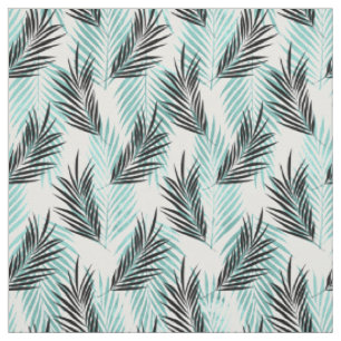 Teal and Black Palm Leaves on White Fabric