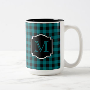 Teal and Black Plaid Monogram Two-Tone Coffee Mug