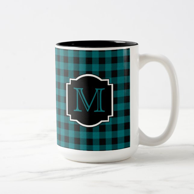 Teal and Black Plaid Monogram Two-Tone Coffee Mug (Right)