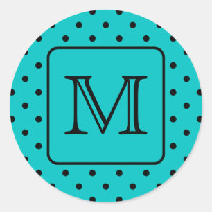 Teal and Black Polka Dot Pattern. Custom Monogram. Classic Round Sticker