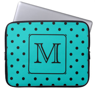 Teal and Black Polka Dot Pattern. Custom Monogram. Laptop Sleeve
