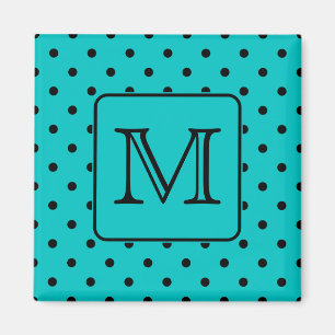 Teal and Black Polka Dot Pattern. Custom Monogram. Magnet