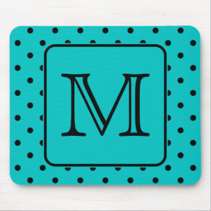 Teal and Black Polka Dot Pattern. Custom Monogram. Mouse Pad
