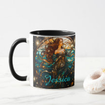Teal and Black Stained Glass Fantasy Mermaid