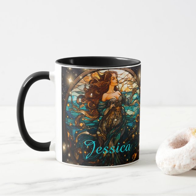 Teal and Black Stained Glass Fantasy Mermaid Mug (With Donut)