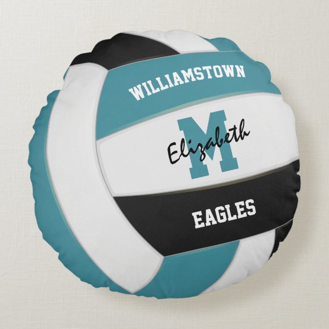 teal and black team colours girls boys volleyball round pillow (Front)