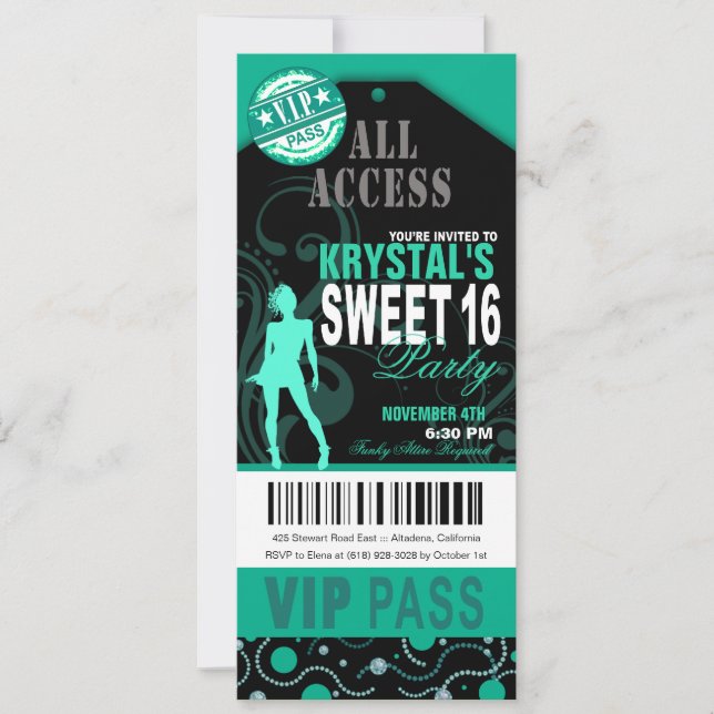 Teal and Black VIP Sweet 16 Ticket Party Invitation (Front)