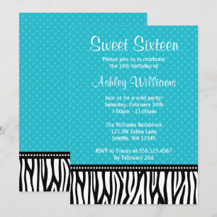 Teal and Black Zebra Polka Dot Sweet 16 Invitation