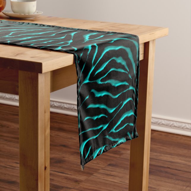 Teal and Black Zebra Striped Festive Table Runner (In Situ)