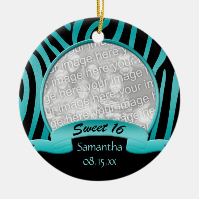 Teal and Black Zebra Sweet 16 Ornament (Front)