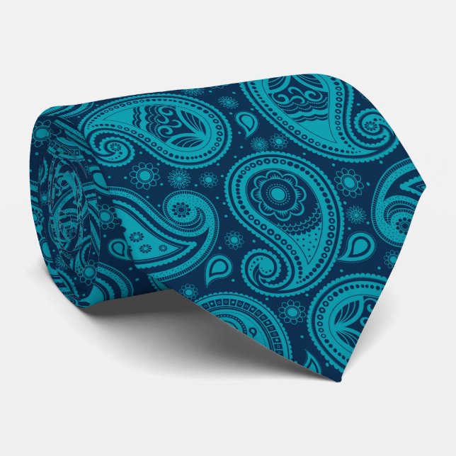Teal and blue elegant vintage paisley pattern tie (Rolled)