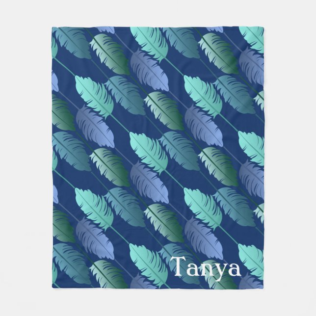 Teal and Blue Feathers Pattern Custom Fleece Blanket (Front)