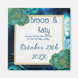 Teal and Blue Floral Agate Save the Date Magnet