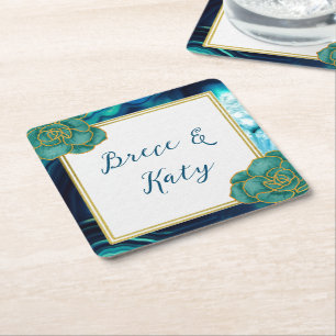 Teal and Blue Floral Agate Square Paper Coaster