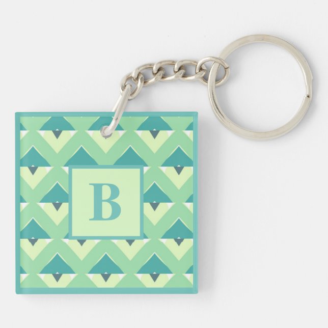 Teal and Blue Geometric Pattern Monogram Keychain (Back)
