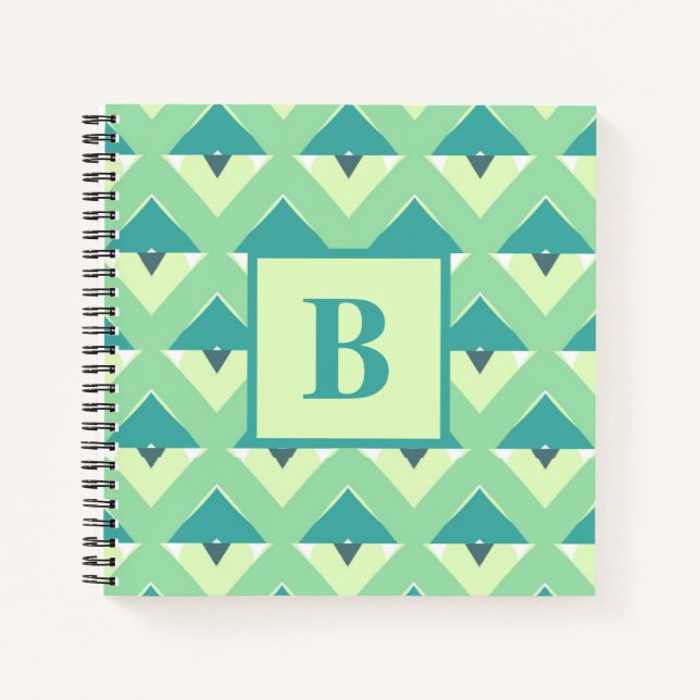 Teal and Blue Geometric Pattern Monogram Notebook (Front)