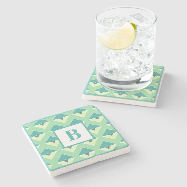 Teal and Blue Geometric Pattern Monogram Stone Coaster (Side)