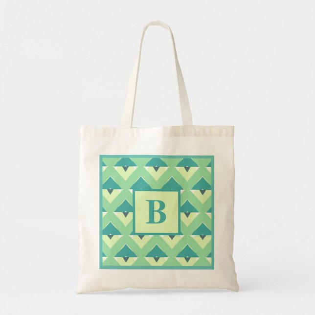 Teal and Blue Geometric Pattern Monogram Tote Bag (Front)