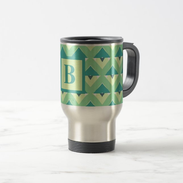 Teal and Blue Geometric Pattern Monogram Travel Mug (Front Right)